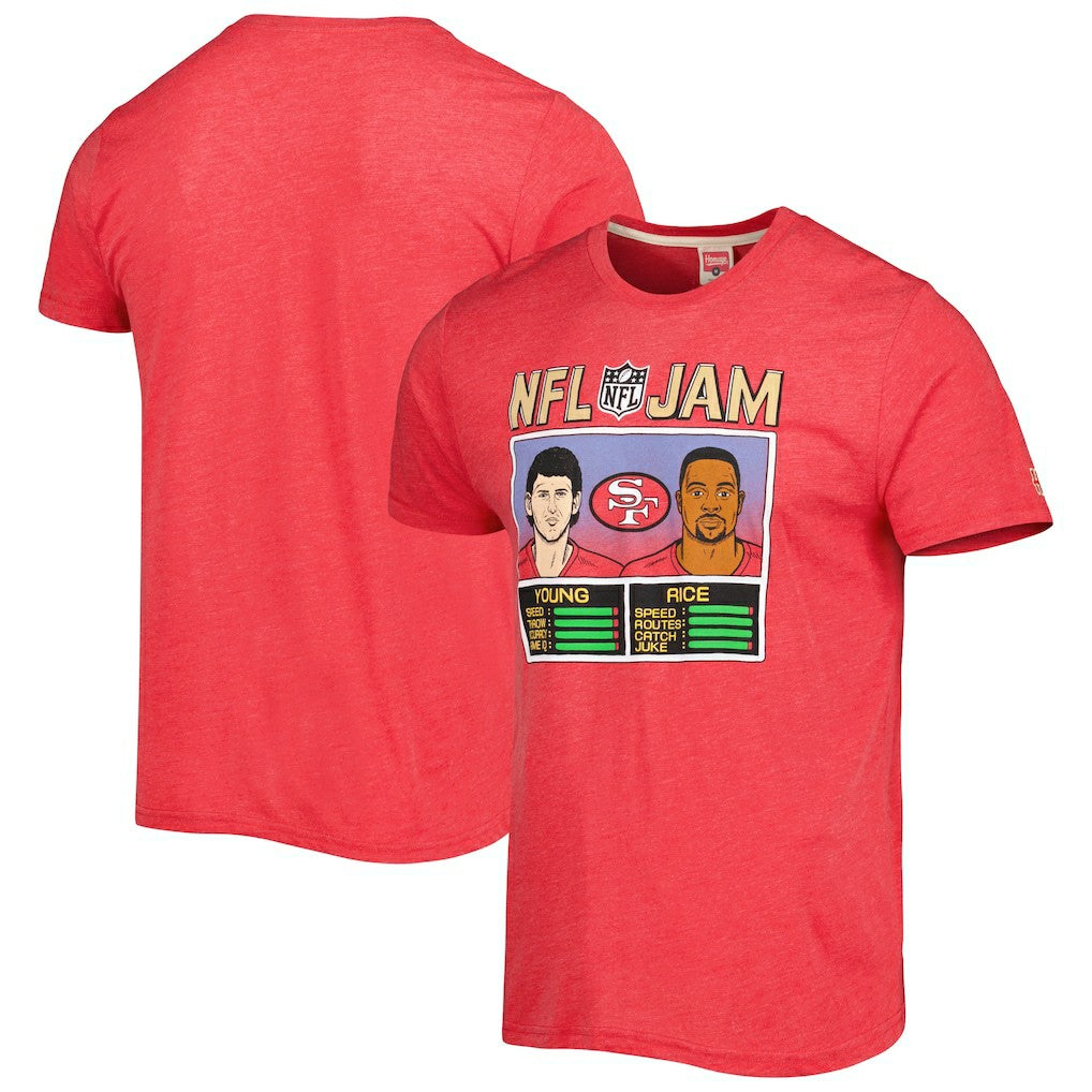 Jerry Rice & Steve Young  Homage Unisex NFL Jam Retired Tri-Blend T-Shirt - San Francisco 49ers T-shirts