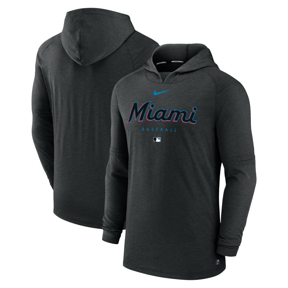Heather Black Miami Marlins Nike Authentic Collection Lightweight Dri-FIT Hooded Pullover