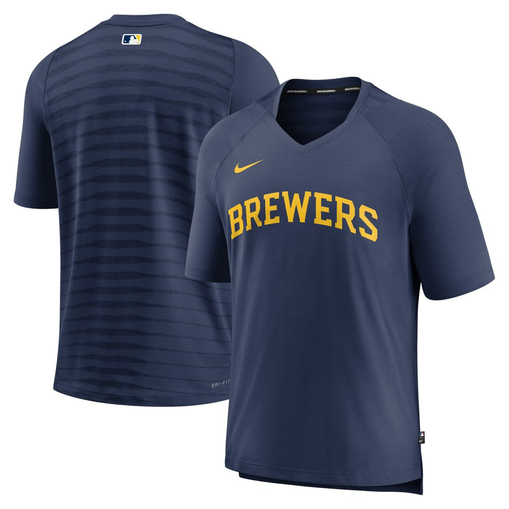 Navy Milwaukee Brewers Nike Authentic Collection Pregame Raglan Performance V-Neck T-Shirt