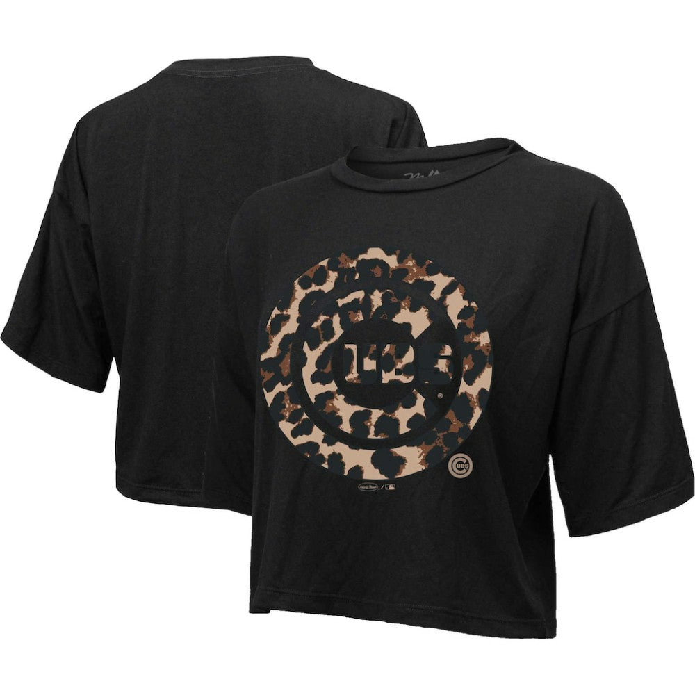 Black Chicago Cubs Majestic Threads Women's Leopard Cropped T-Shirt