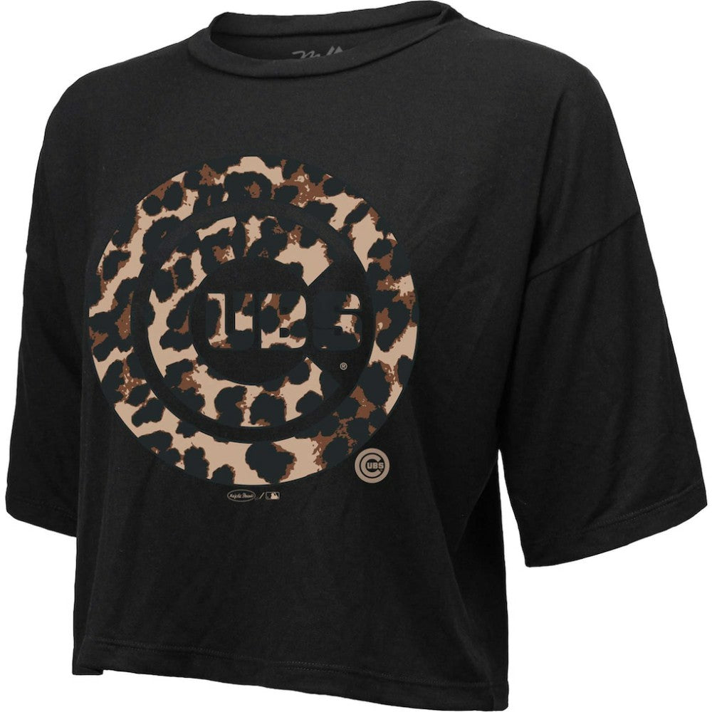 Black Chicago Cubs Majestic Threads Women's Leopard Cropped T-Shirt