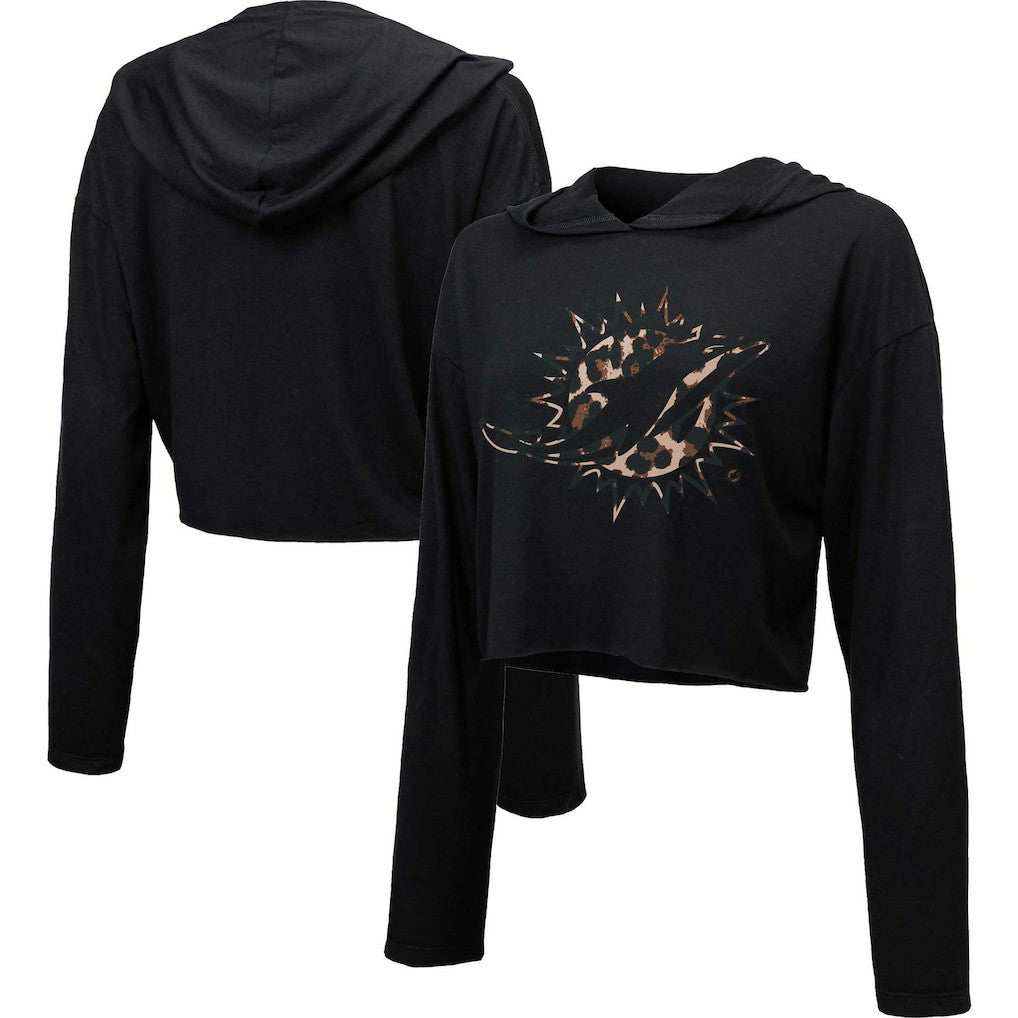 Majestic Threads Women's Leopard Cropped Pullover Hoodie - Miami Dolphins Hoodies
