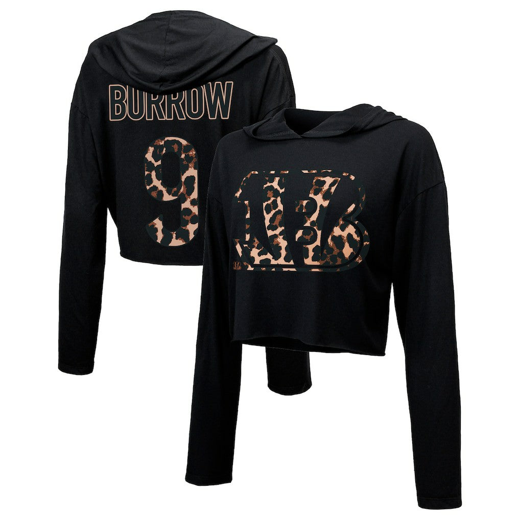 Joe Burrow  Majestic Threads Women's Leopard Player Name & Number Long Sleeve Cropped Hoodie - Cincinnati Bengals Hoodies