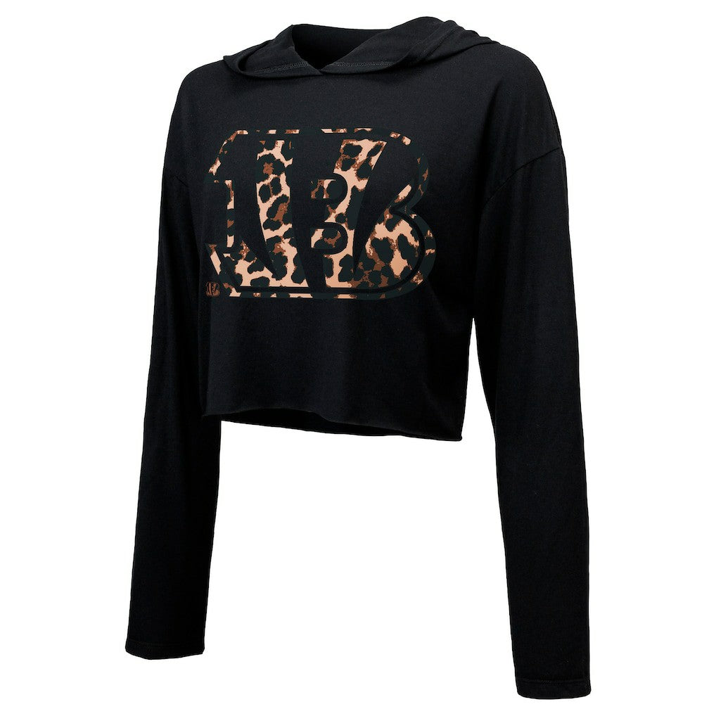Joe Burrow  Majestic Threads Women's Leopard Player Name & Number Long Sleeve Cropped Hoodie - Cincinnati Bengals Hoodies
