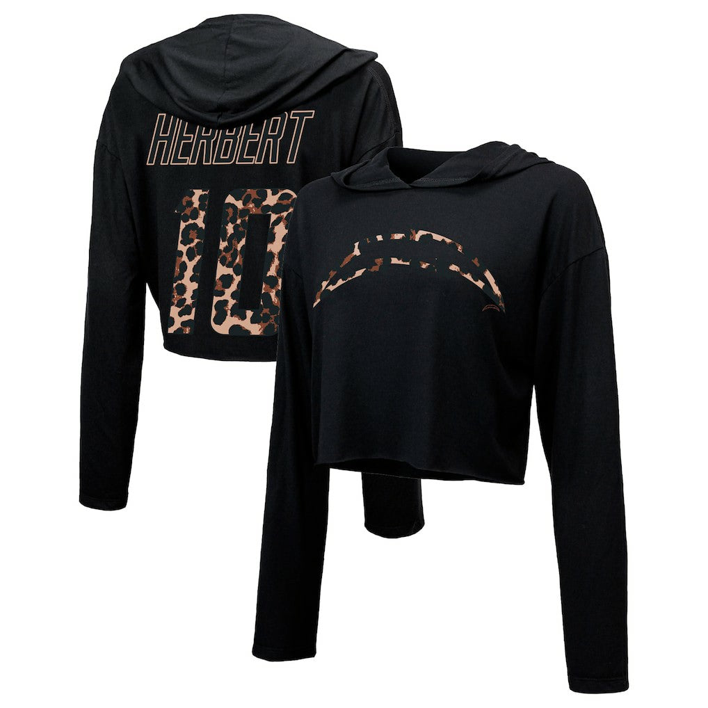 Justin Herbert  Majestic Threads Women's Leopard Player Name & Number Long Sleeve Cropped Hoodie - Los Angeles Chargers Hoodies