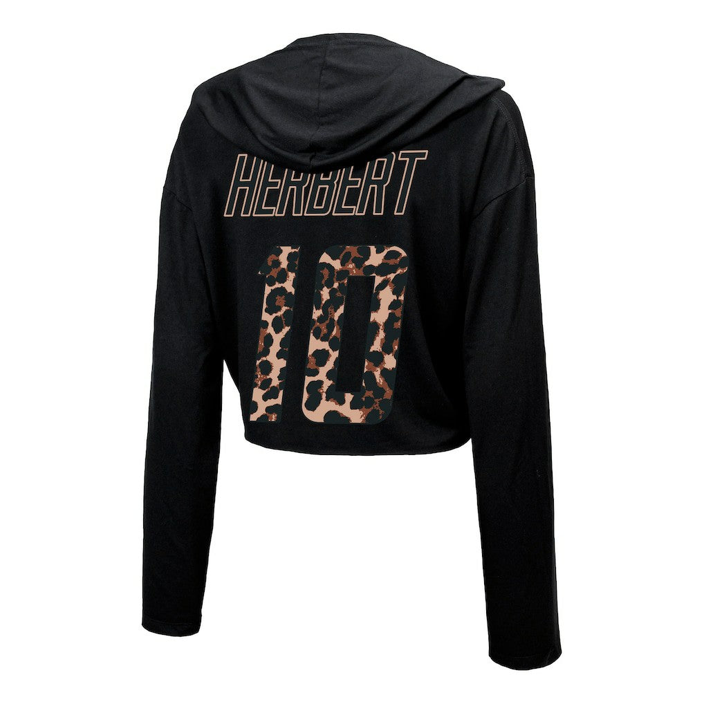 Justin Herbert  Majestic Threads Women's Leopard Player Name & Number Long Sleeve Cropped Hoodie - Los Angeles Chargers Hoodies