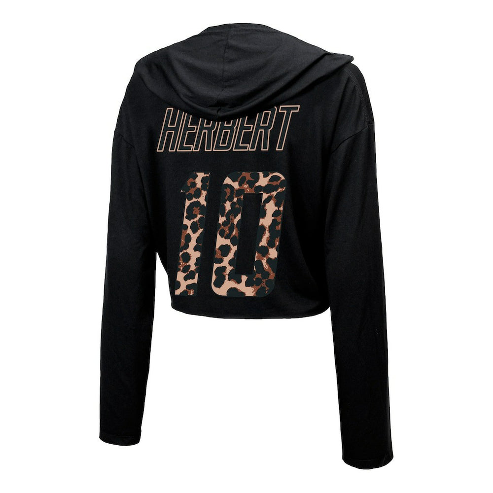 Justin Herbert  Majestic Threads Women's Leopard Player Name & Number Long Sleeve Cropped Hoodie - Los Angeles Chargers Hoodies