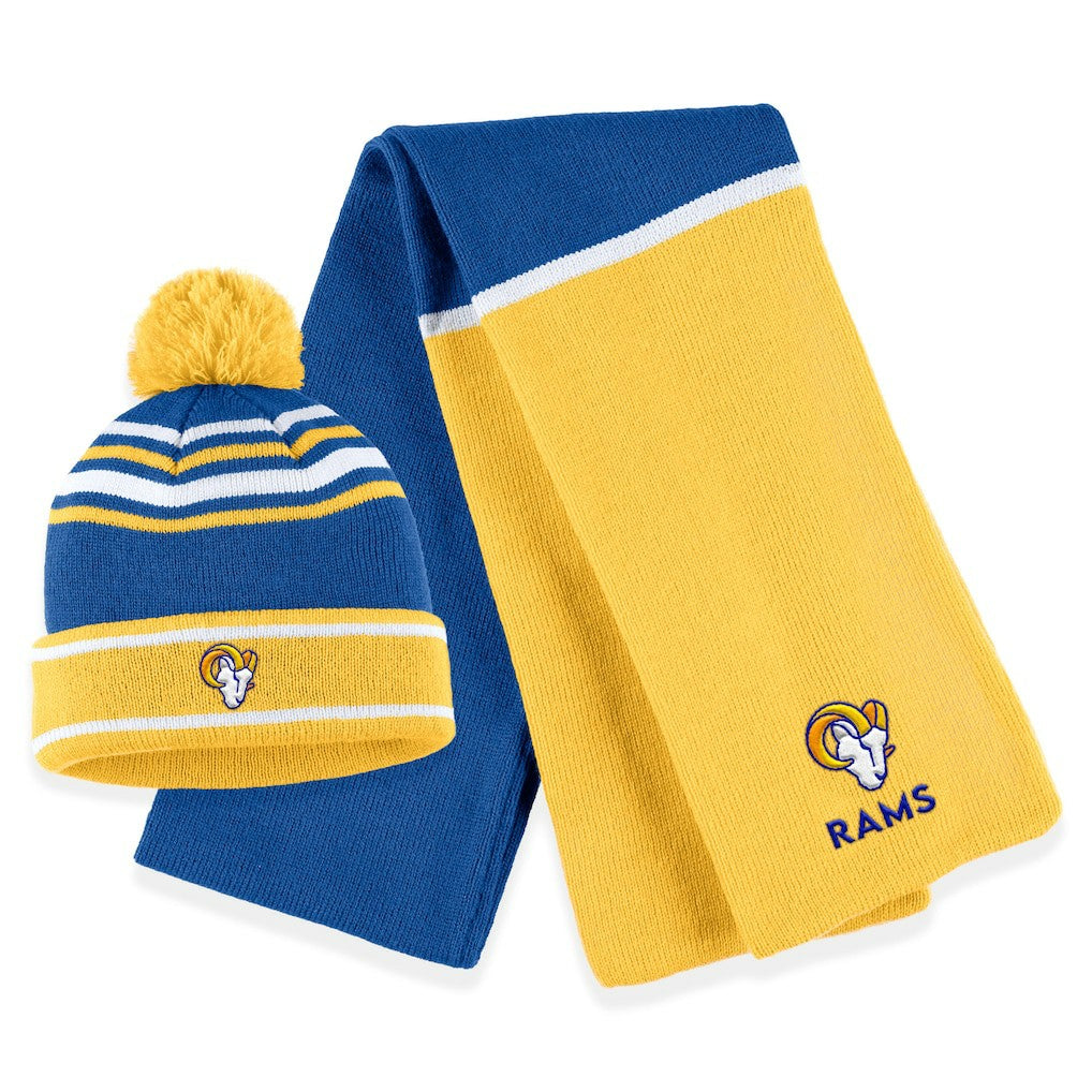 WEAR by Erin Andrews Women's Colorblock Cuffed Knit Hat with Pom and Scarf Set - Los Angeles Rams Hats