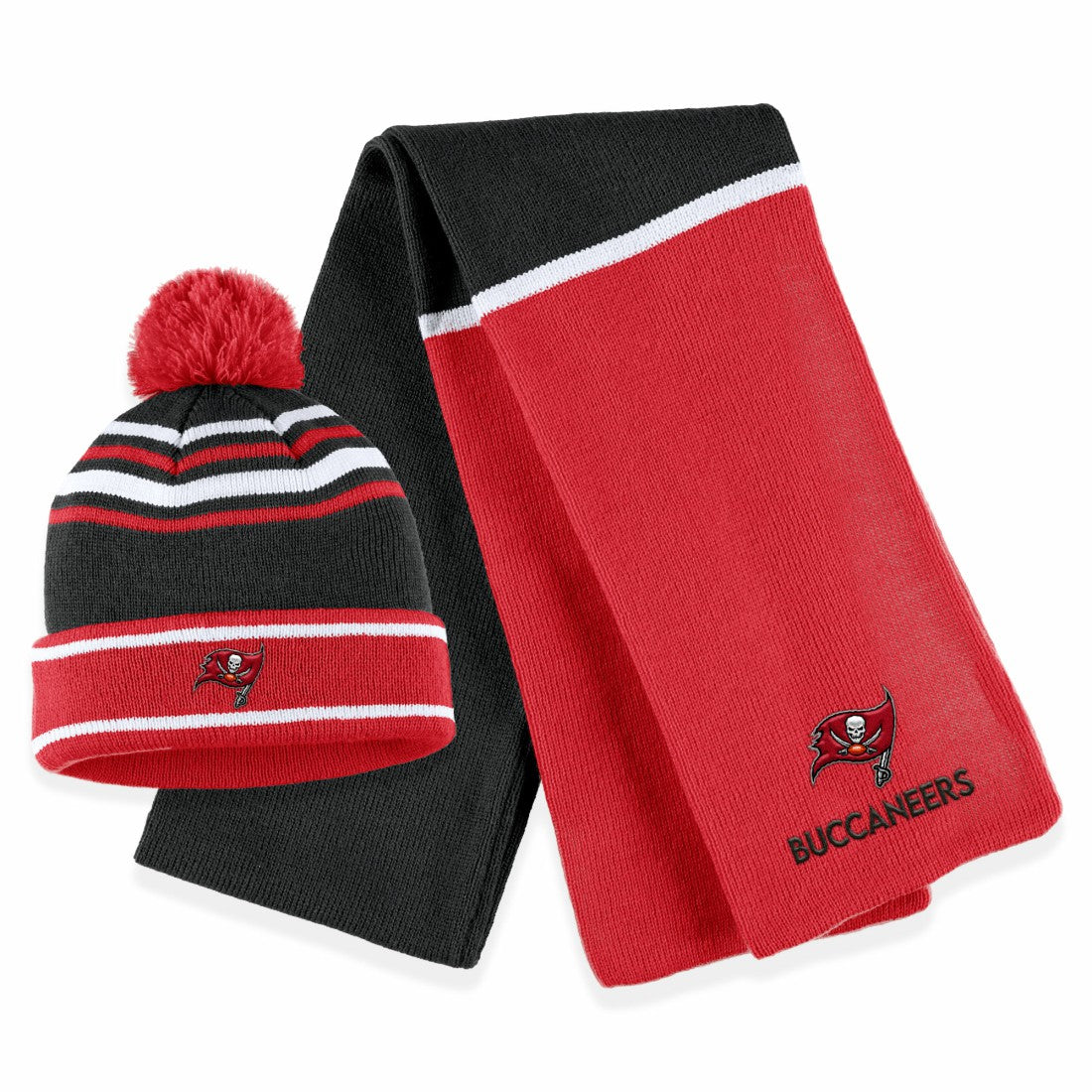 WEAR by Erin Andrews Women's Colorblock Cuffed Knit Hat with Pom and Scarf Set - Tampa Bay Buccaneers Hats