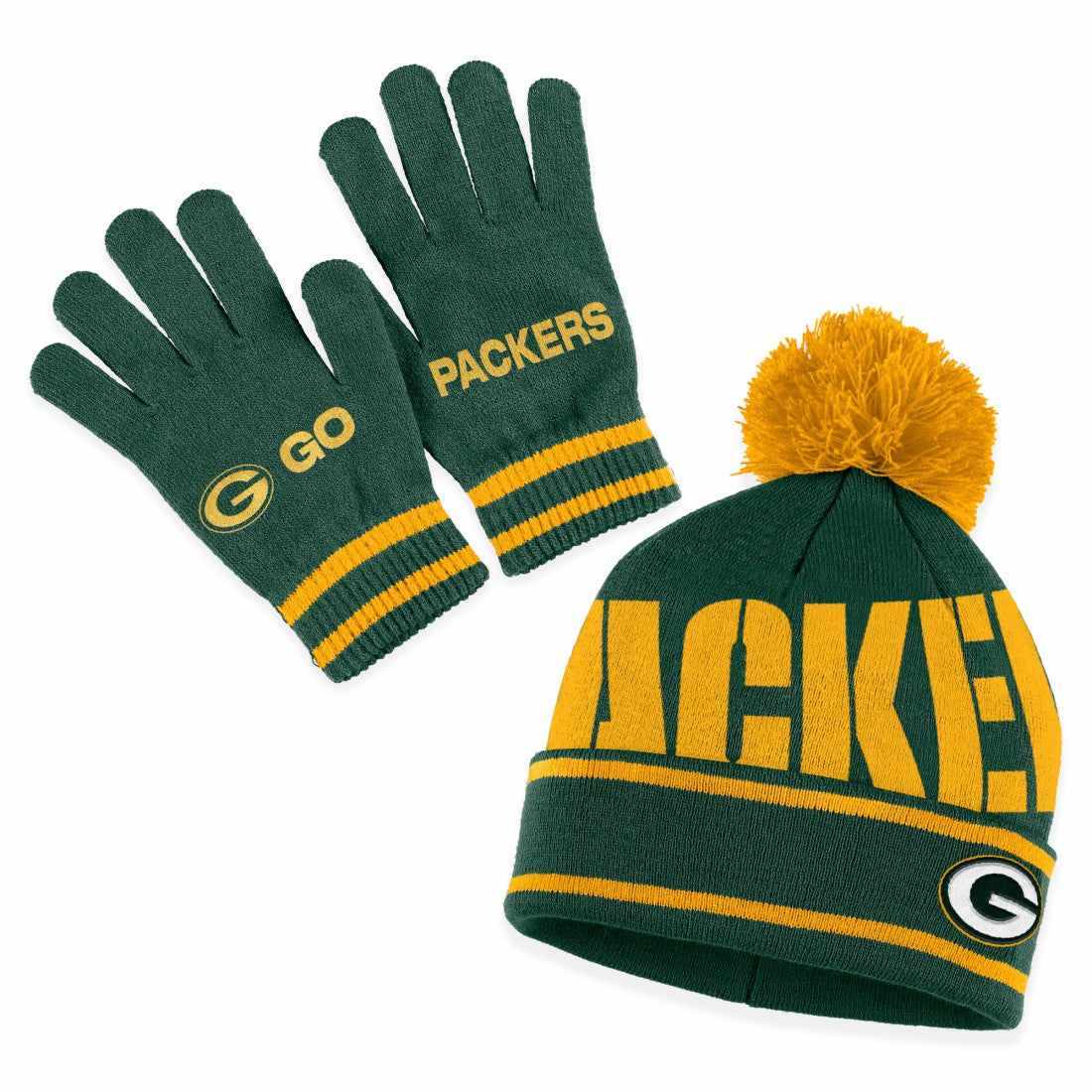 WEAR by Erin Andrews Women's Double Jacquard Cuffed Knit Hat with Pom and Gloves Set - Green Bay Packers Hats
