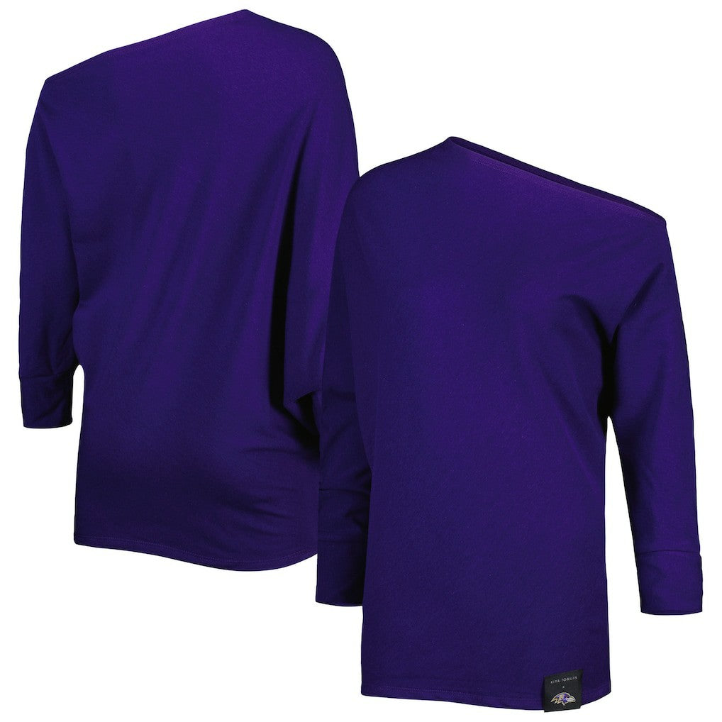 KIYA TOMLIN Women's Twisted Tri-Blend Asymmetrical 3/4-Dolman Sleeve Sweatshirt - Baltimore Ravens Sweatshirts