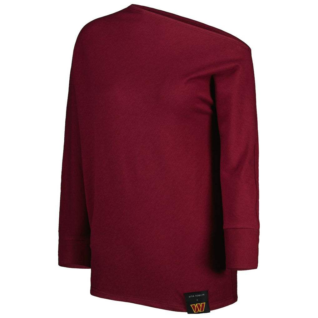 KIYA TOMLIN Women's Twisted Tri-Blend Asymmetrical 3/4-Dolman Sleeve Sweatshirt - Washington Commanders Sweatshirts