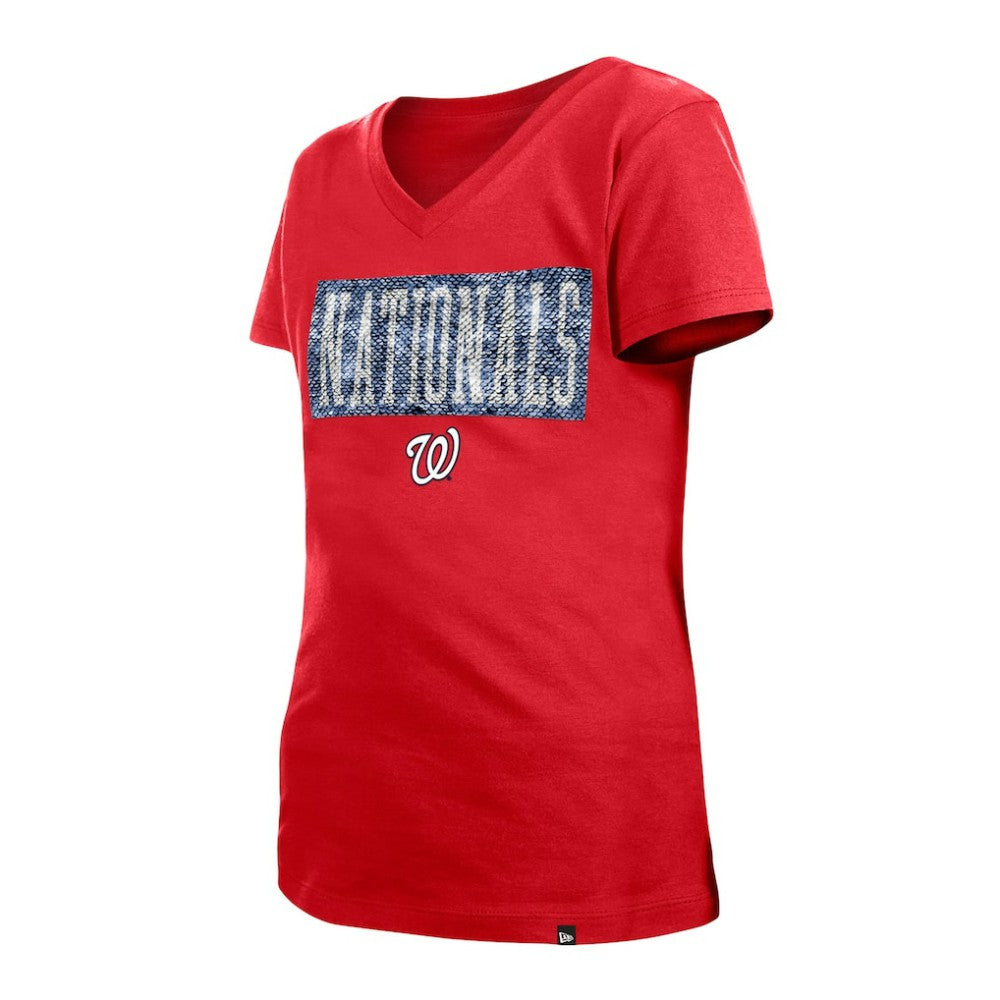 Red Washington Nationals New Era Girls Youth Flip Sequin Team V-Neck T-Shirt