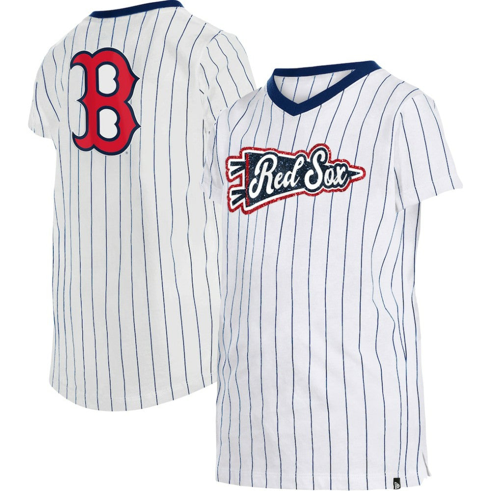 White Boston Red Sox New Era Girls Youth Pinstripe V-Neck T-Shirt
