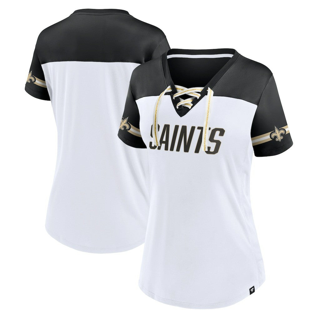 Women's Dueling Slant V-Neck Lace-Up T-Shirt - New Orleans Saints T-shirts