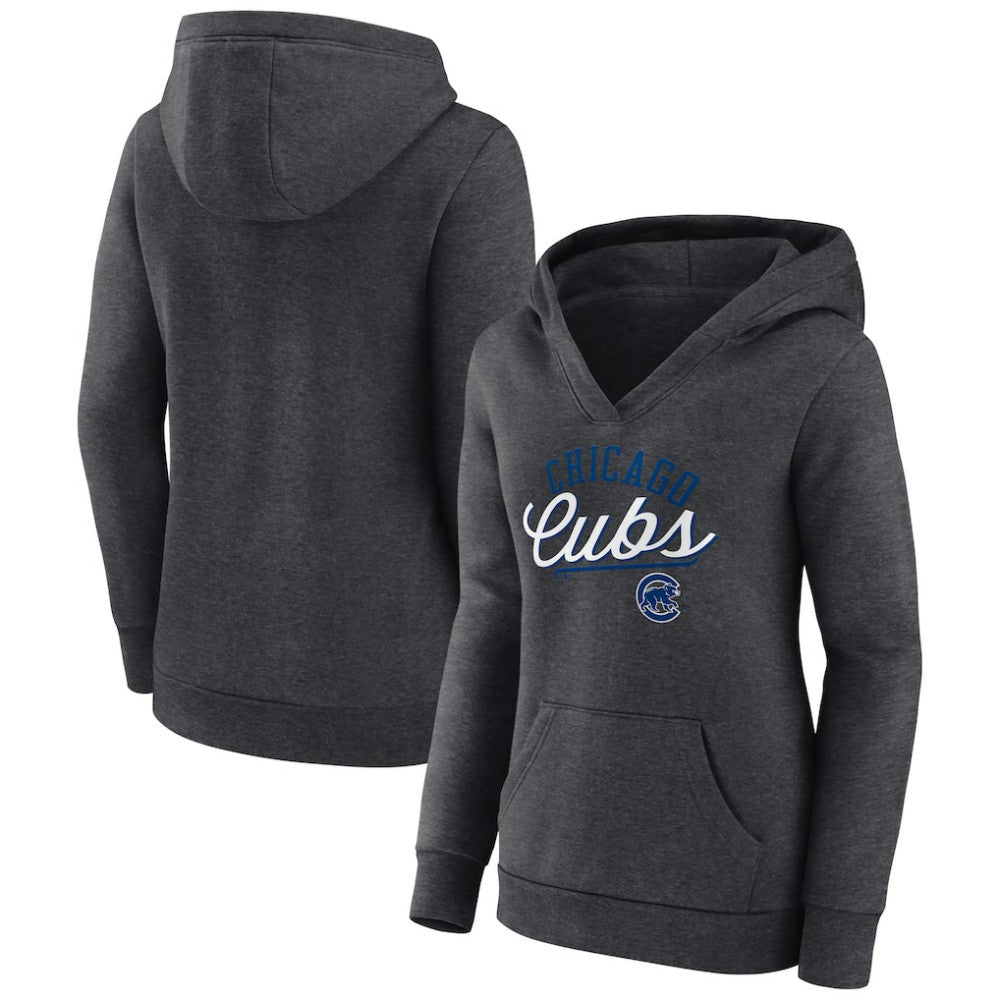 Heather Charcoal Chicago Cubs Fanatics Women's Simplicity Crossover V-Neck Pullover Hoodie