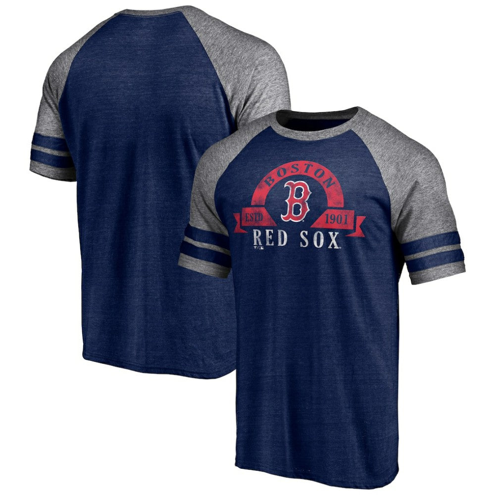Heather Navy Boston Red Sox Fanatics Utility Two-Stripe Raglan Tri-Blend T-Shirt