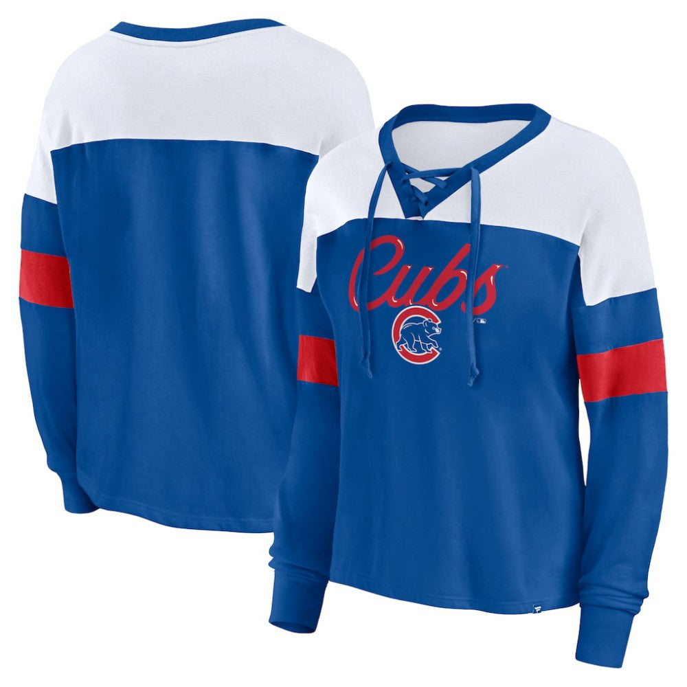 Royal/White Chicago Cubs Fanatics Women's Even Match Lace-Up Long Sleeve V-Neck T-Shirt