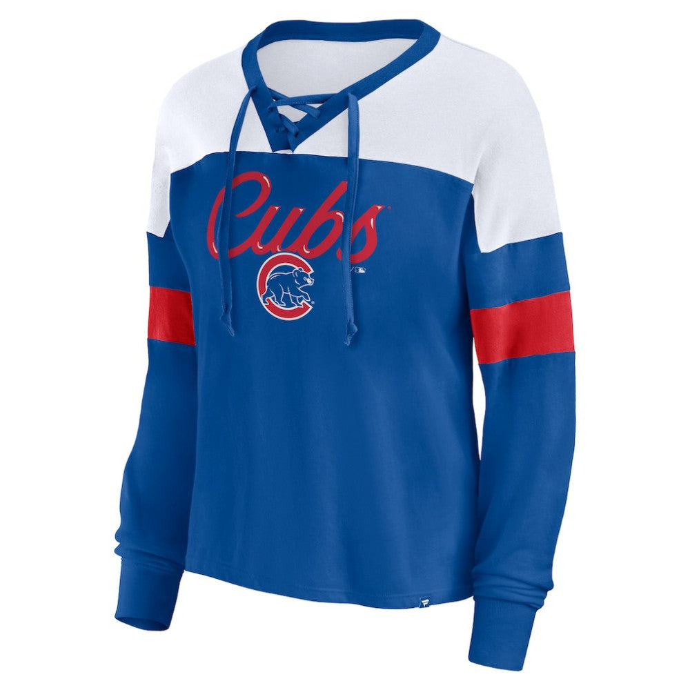 Royal/White Chicago Cubs Fanatics Women's Even Match Lace-Up Long Sleeve V-Neck T-Shirt