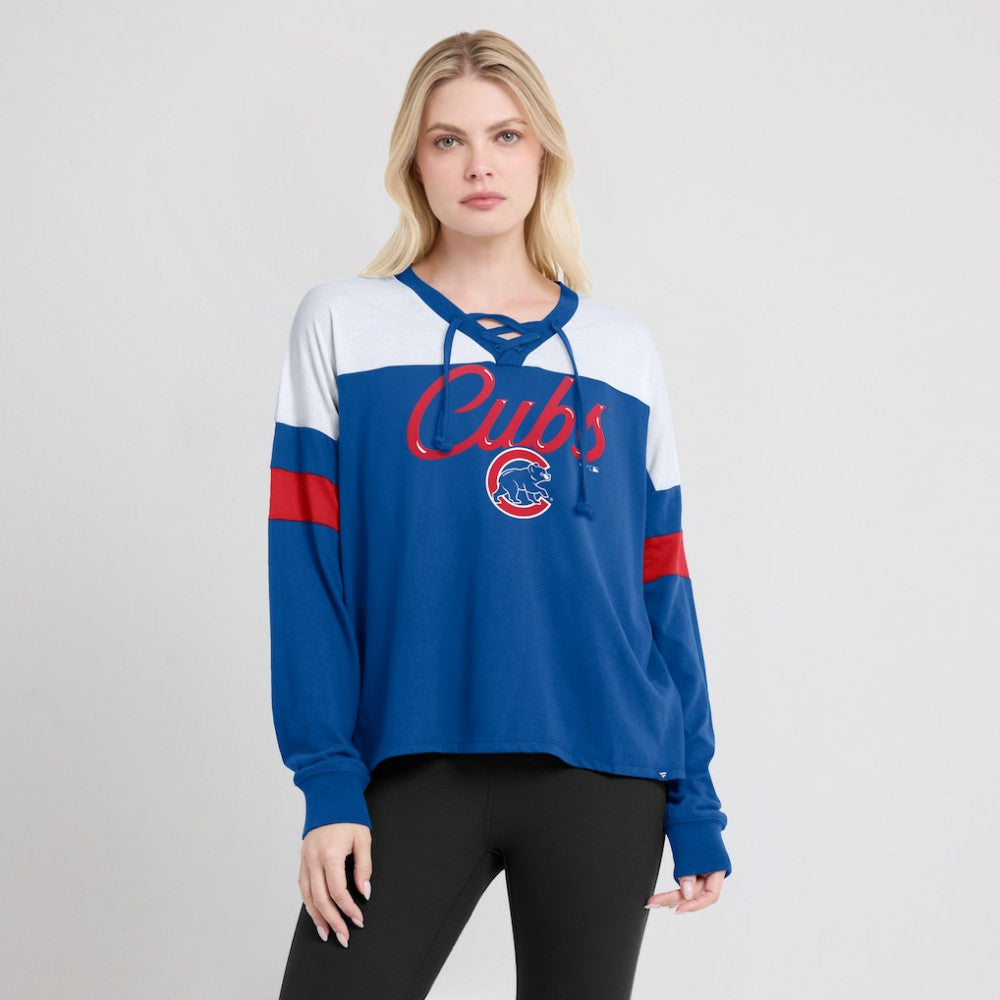 Royal/White Chicago Cubs Fanatics Women's Even Match Lace-Up Long Sleeve V-Neck T-Shirt