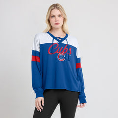Royal/White Chicago Cubs Fanatics Women's Even Match Lace-Up Long Sleeve V-Neck T-Shirt