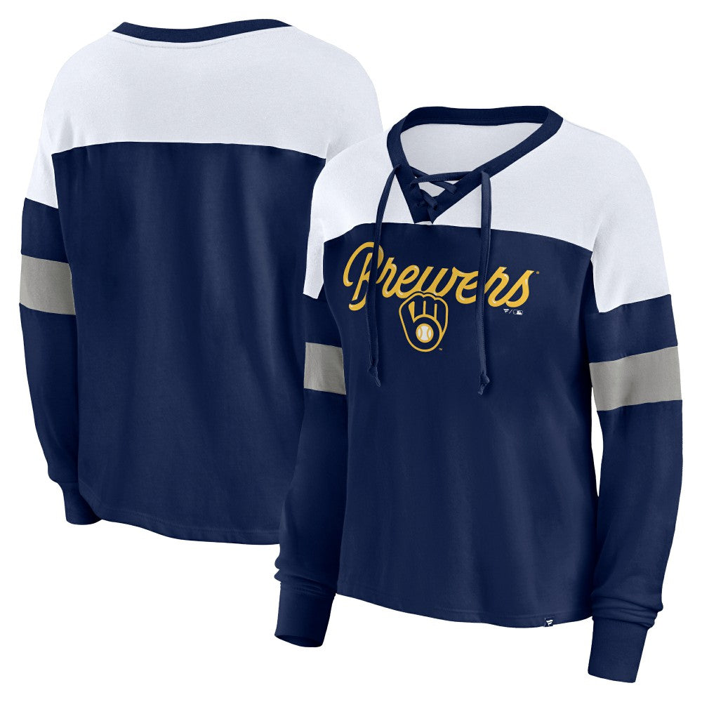 Navy/White Milwaukee Brewers Fanatics Women's Even Match Lace-Up Long Sleeve V-Neck T-Shirt