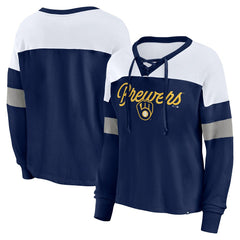 Navy/White Milwaukee Brewers Fanatics Women's Even Match Lace-Up Long Sleeve V-Neck T-Shirt