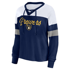 Navy/White Milwaukee Brewers Fanatics Women's Even Match Lace-Up Long Sleeve V-Neck T-Shirt