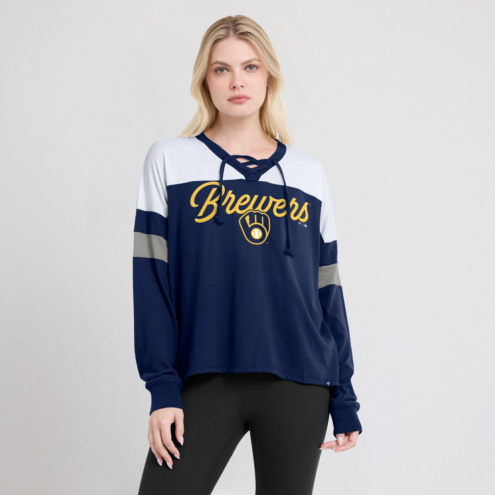 Navy/White Milwaukee Brewers Fanatics Women's Even Match Lace-Up Long Sleeve V-Neck T-Shirt