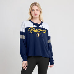 Navy/White Milwaukee Brewers Fanatics Women's Even Match Lace-Up Long Sleeve V-Neck T-Shirt