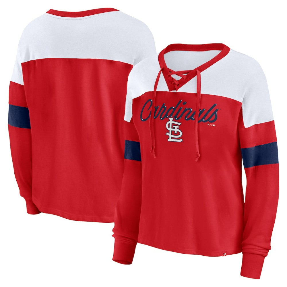 Red/White St. Louis Cardinals Fanatics Women's Even Match Lace-Up Long Sleeve V-Neck T-Shirt
