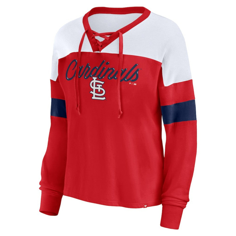 Red/White St. Louis Cardinals Fanatics Women's Even Match Lace-Up Long Sleeve V-Neck T-Shirt