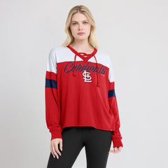 Red/White St. Louis Cardinals Fanatics Women's Even Match Lace-Up Long Sleeve V-Neck T-Shirt