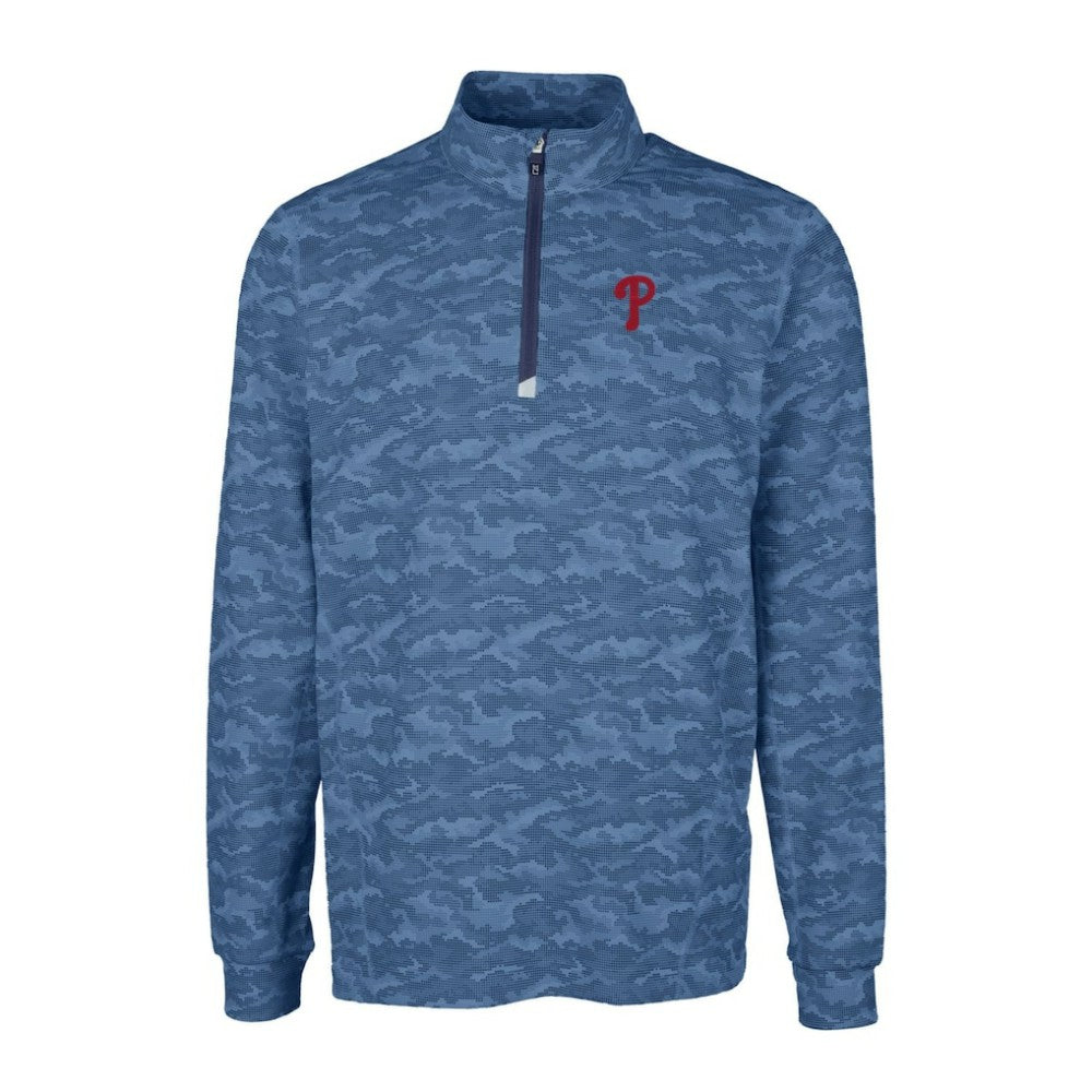 Navy Philadelphia Phillies Cutter & Buck Big & Tall Traverse Camo Print Stretch Quarter-Zip Pullover Top