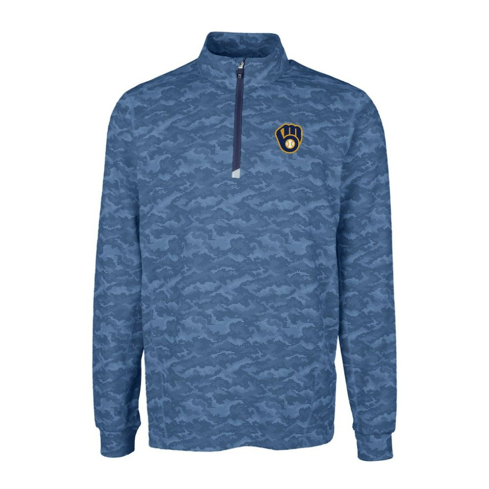 Navy Milwaukee Brewers Cutter & Buck Big & Tall Traverse Camo Print Stretch Quarter-Zip Pullover Top