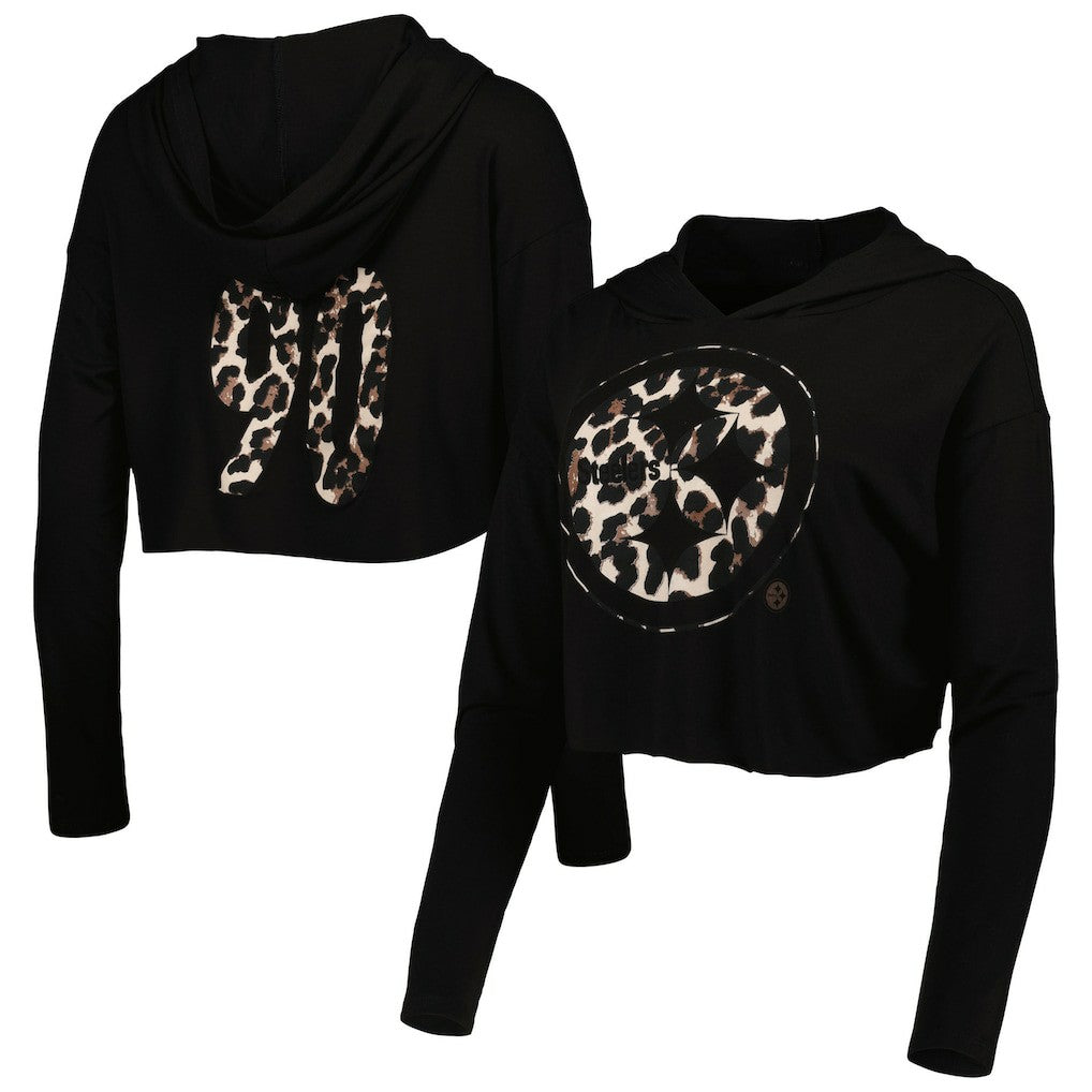 T.J. Watt  Majestic Threads Women's Leopard Player Name & Number Long Sleeve Cropped Hoodie - Pittsburgh Steelers Hoodies