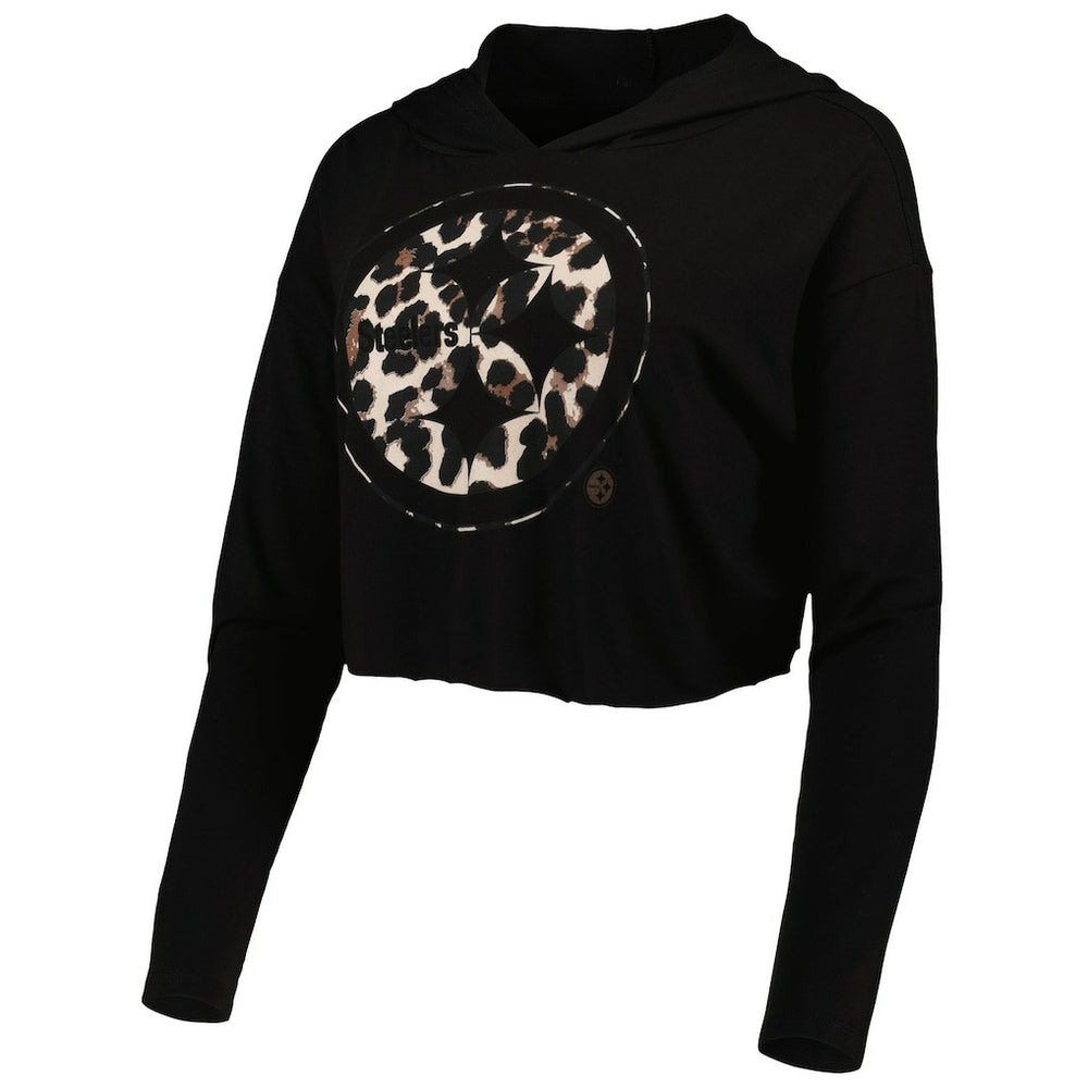 T.J. Watt  Majestic Threads Women's Leopard Player Name & Number Long Sleeve Cropped Hoodie - Pittsburgh Steelers Hoodies