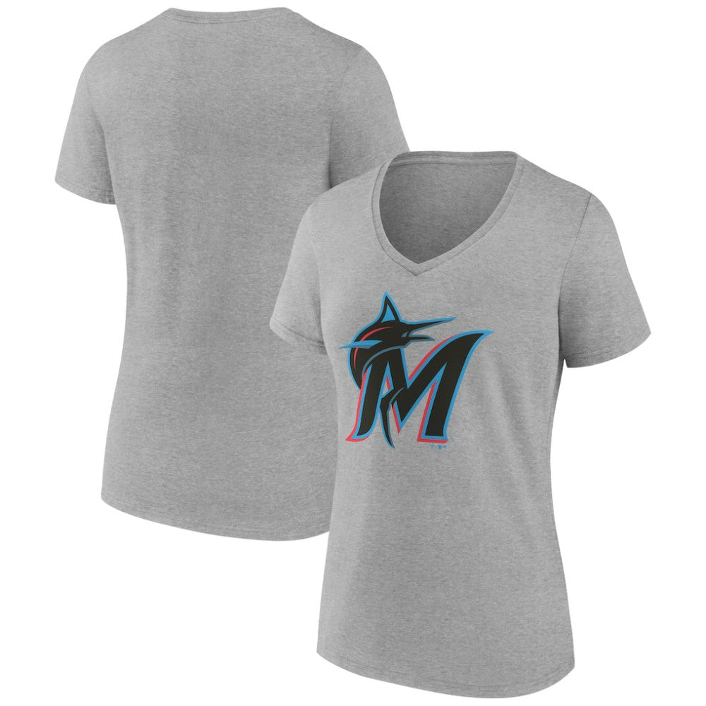 Gray Miami Marlins Women's Official Logo V-Neck T-Shirt
