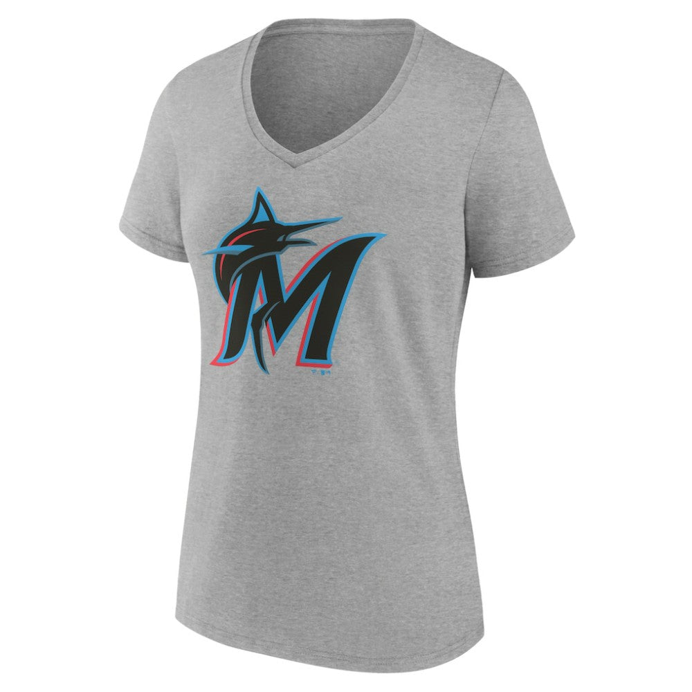 Gray Miami Marlins Women's Official Logo V-Neck T-Shirt