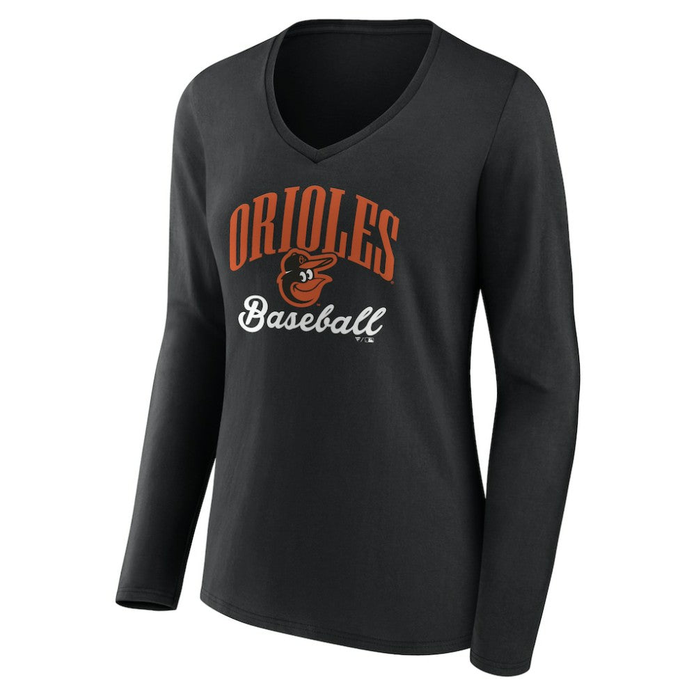 Black Baltimore Orioles Women's Victory Script Long Sleeve V-Neck T-Shirt
