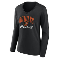 Black Baltimore Orioles Women's Victory Script Long Sleeve V-Neck T-Shirt