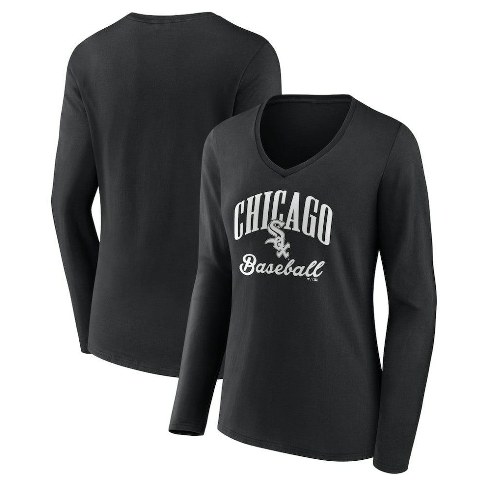 Black Chicago White Sox Women's Victory Script Long Sleeve V-Neck T-Shirt