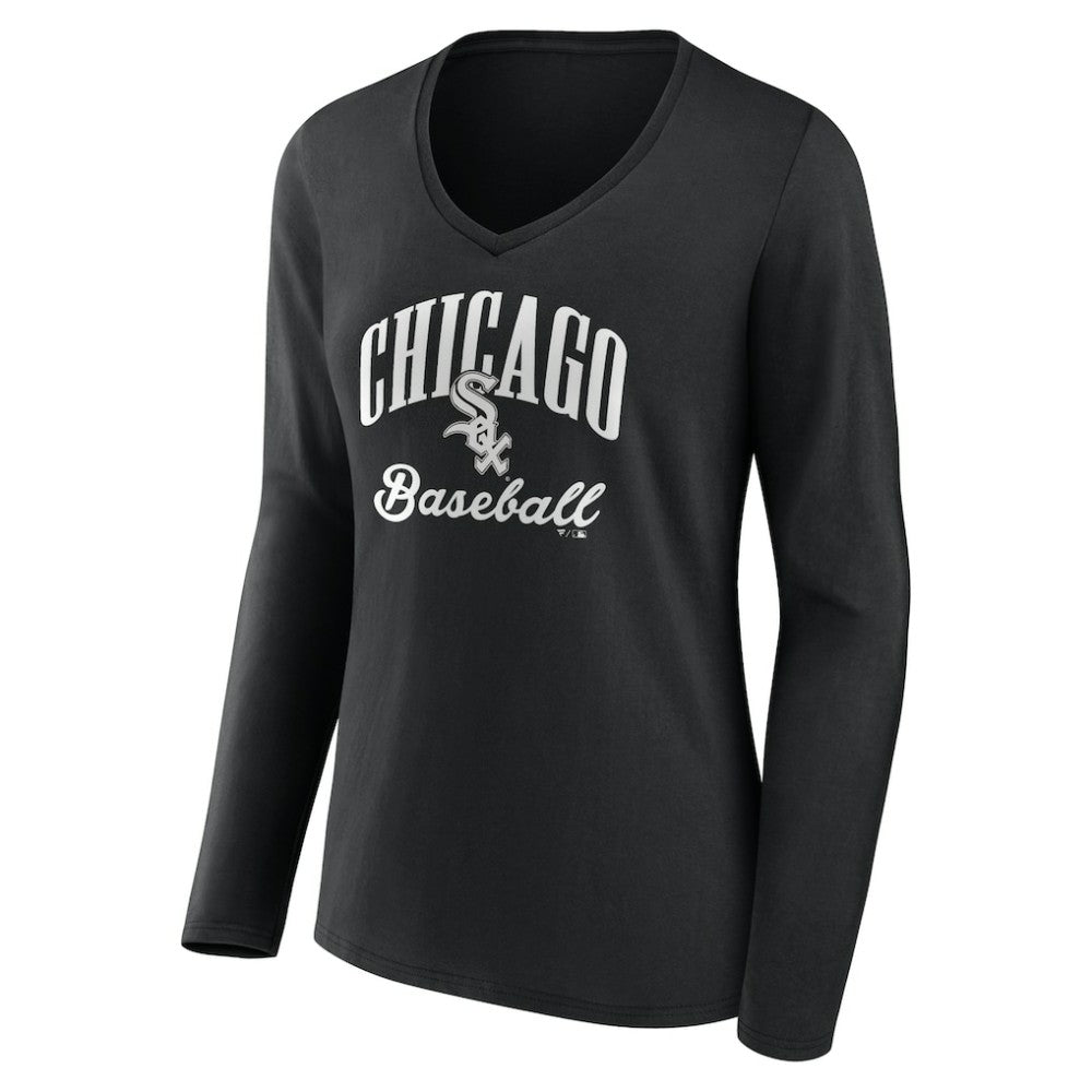 Black Chicago White Sox Women's Victory Script Long Sleeve V-Neck T-Shirt