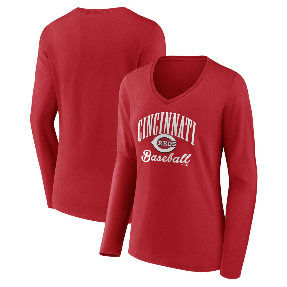 Red Cincinnati Reds Women's Victory Script Long Sleeve V-Neck T-Shirt