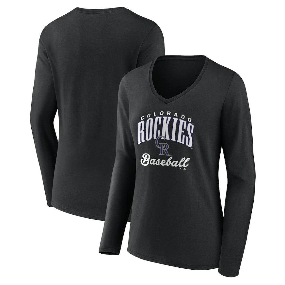 Black Colorado Rockies Women's Victory Script Long Sleeve V-Neck T-Shirt