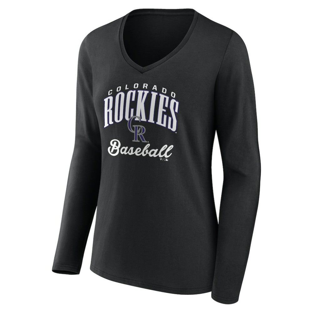 Black Colorado Rockies Women's Victory Script Long Sleeve V-Neck T-Shirt