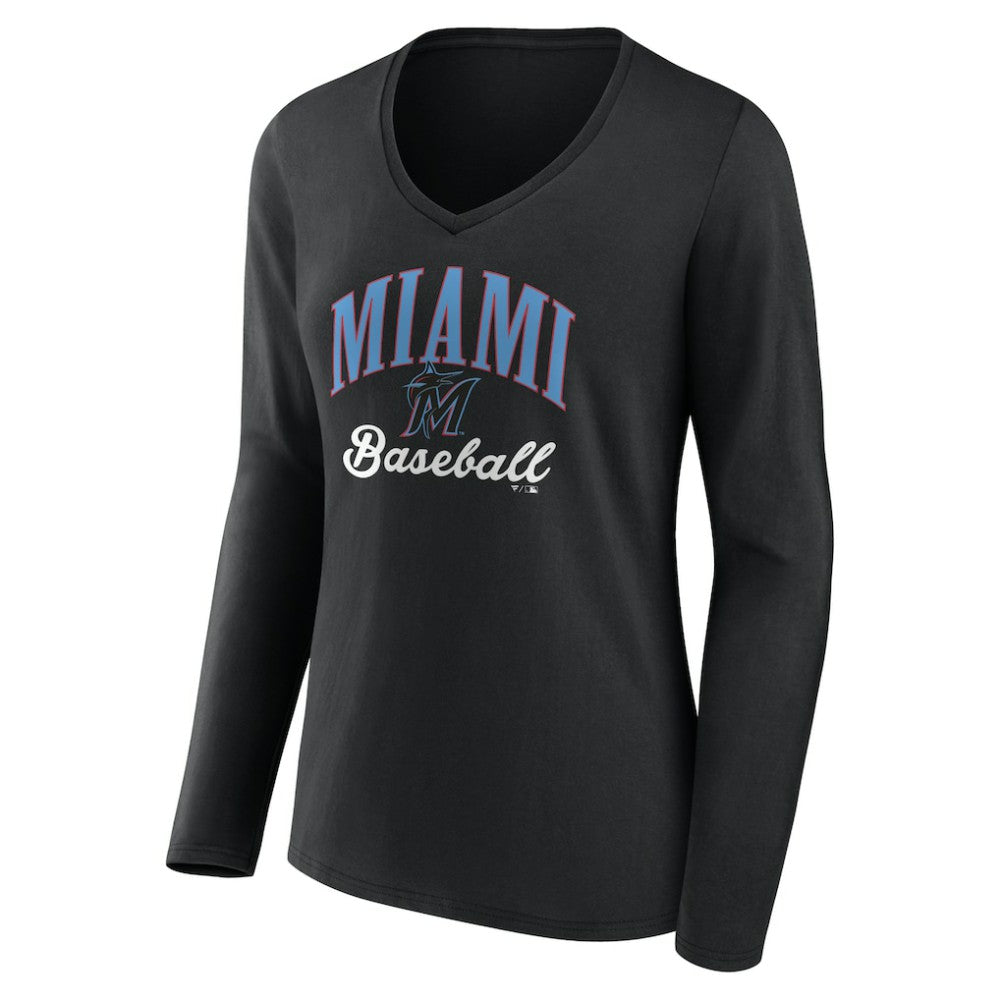Black Miami Marlins Women's Victory Script Long Sleeve V-Neck T-Shirt