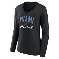 Black Miami Marlins Women's Victory Script Long Sleeve V-Neck T-Shirt