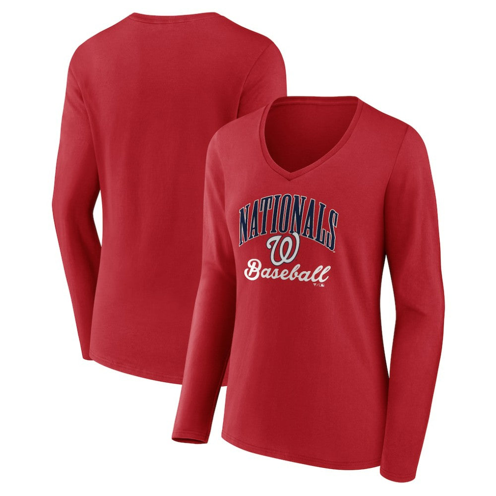 Red Washington Nationals Women's Victory Script Long Sleeve V-Neck T-Shirt