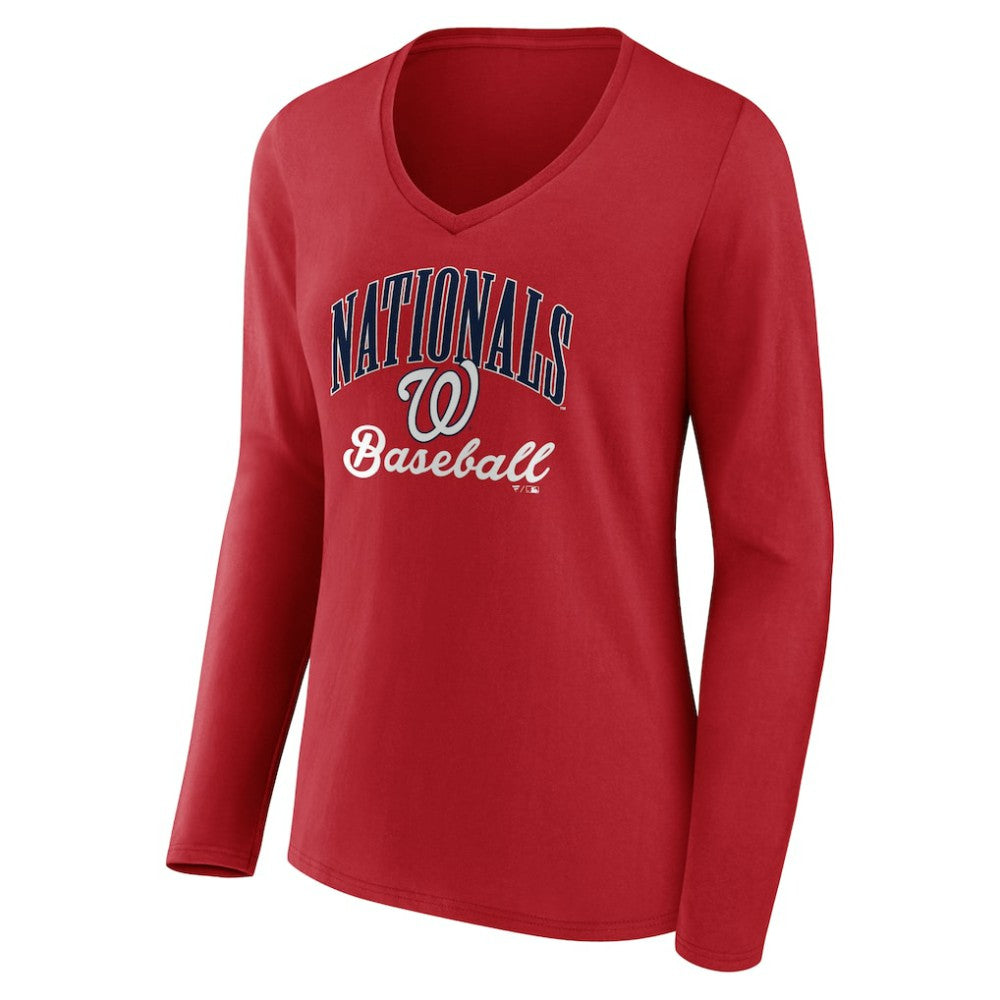 Red Washington Nationals Women's Victory Script Long Sleeve V-Neck T-Shirt